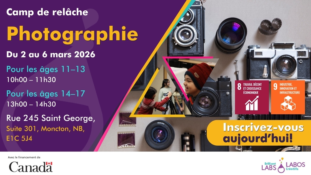 Affiche présentant le programme du camp de photographie pendant les vacances de mars à Moncton